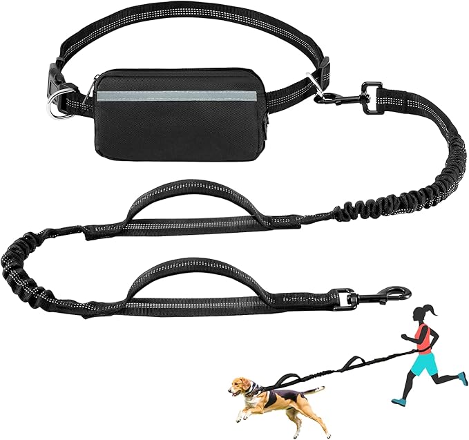 Hands Free Dog Leash with Zipper Pouch, Waist Dog Running Leash with Adjustable Waist Belt and Dual Handle, Reflective Bungee Hands Free Leash for Medium to Large Dogs (Black)