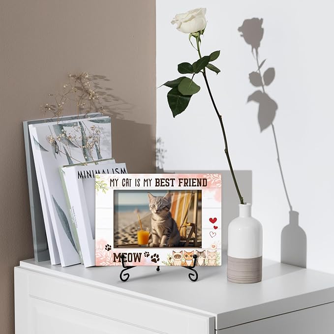 Cat Picture Frame, Pet Picture Frame Cat Lover Gifts for Friends Mom, Wooden Photo Frame with Stand, 4"x6" Photo Frame for Tabletop Display, Home Office Bedroom Decor Shelf Display/XK43