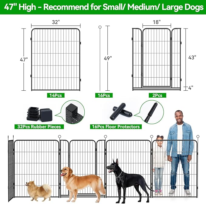 Dog Playpen Outdoor Extra Wide 16 Piece Panels Heavy Duty Dog Fence 47" Height Anti-Rust with Doors Portable for RV Camping Yard, Total 42FT, 140 Sq.ft, Snowy Black