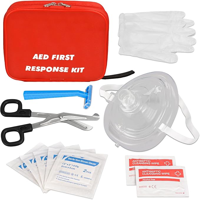 AED First Kit with CPR, Gloves, Razor, Scissors, Gauze Pads, and Cleansing Wipes for AED Training
