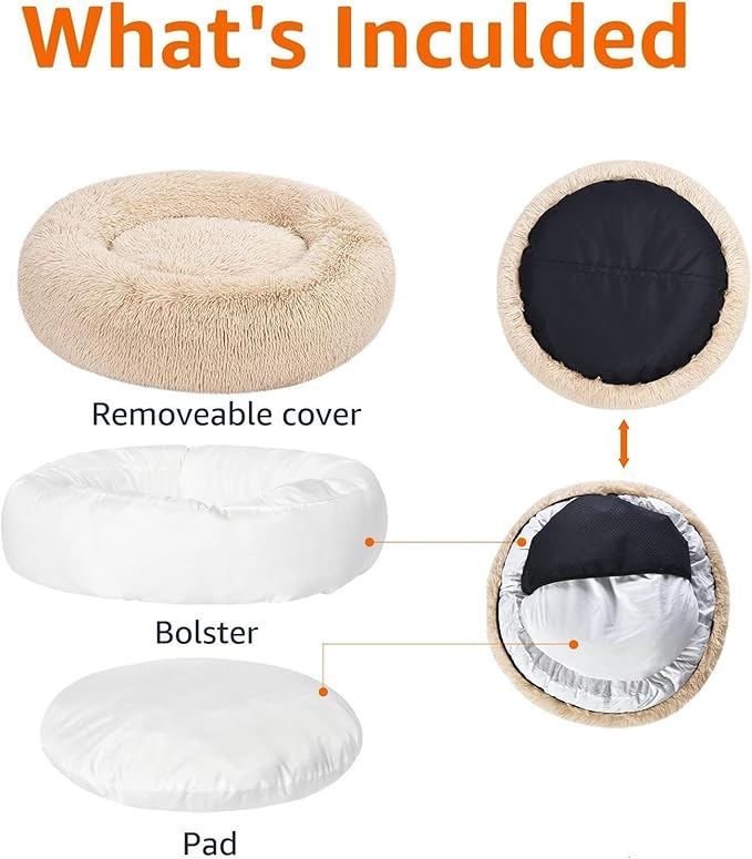 Amazon Basics Donut Pet Bolster Faux Fur Bed for Dog, Beige, 23" x 23"