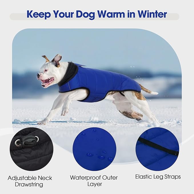 IDOMIK Dog Winter Coat, Warm Waterproof Dog Puffer Jacket with Harness Hole, Adjustable Reflective Snow Jacket Vest with Turtleneck, Pet Cold Weather Coats for Large Dogs,Blue,3XL