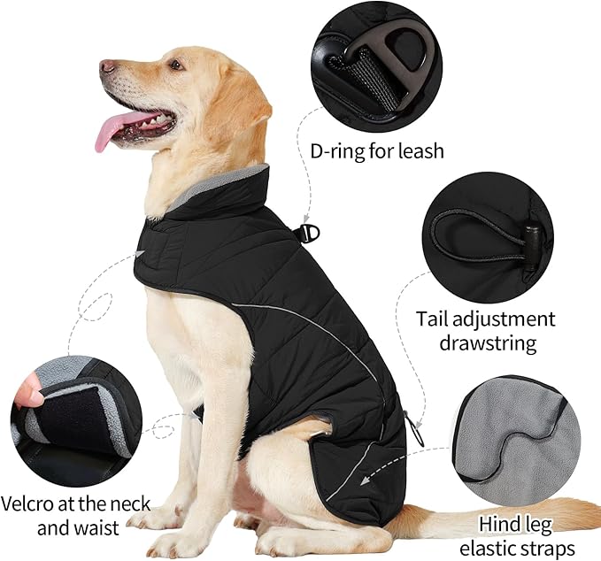 HEYWEAN Dog Winter Coat - Waterproof Windproof Reflective Vest for Medium & Large Breeds Adjustable Warm FleeceLined Jacket with Magic Tape & D-Ring for Leash Cold Weather Apparel (Black, X-Large)