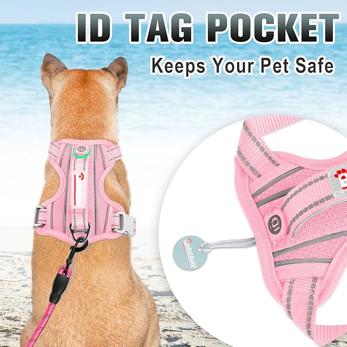 BARKBAY No Pull Dog Harness Large Reflective Dog Harness with Front Clip and Easy Control Handle for Walking Training Running with ID tag Pocket(Baby Pink,XL)