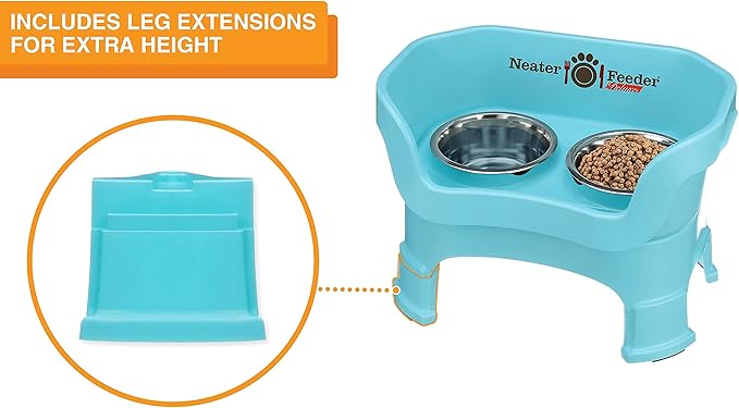 Neater Feeder Deluxe Mess Proof Dog Bowls Elevated Medium Sized Dogs (19-40 lbs) Made in USA, No Spill Raised Dog Food Bowl Stand w/Leg Extension, Stainless Steel Food and Water Bowl Set, Aquamarine