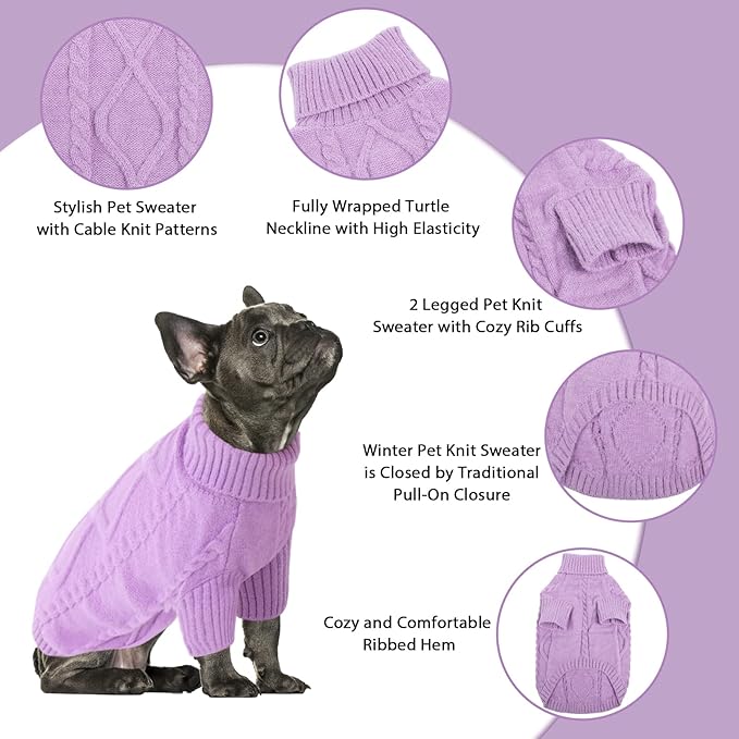 Queenmore Small Dog Pullover Sweater, Cold Weather Cable Knitwear, Classic Turtleneck Thick Warm Clothes for Chihuahua, Bulldog, Dachshund, Pug (Lilac, Medium)