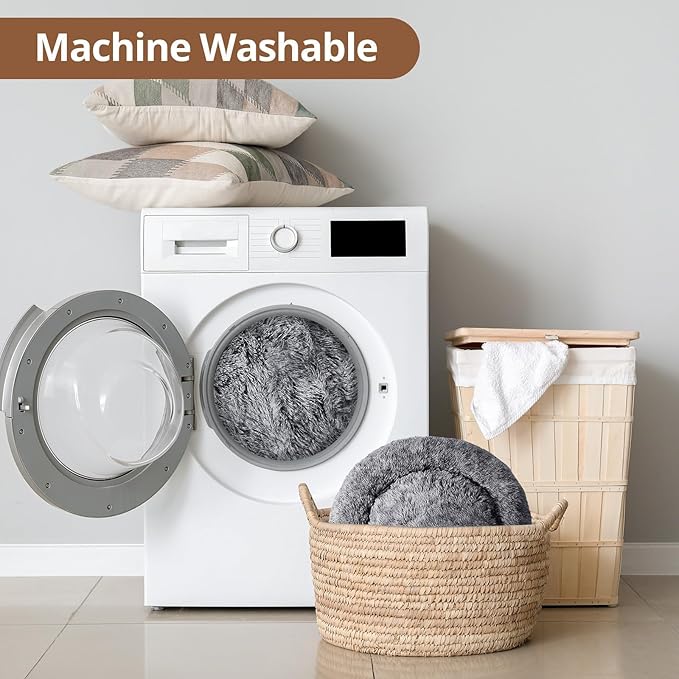 JOLLYVOGUE Medium Calming Dog Bed, Anti-Anxiety Donut Cuddler Cat Bed with Anti-Slip Bottom, Fluffy Faux Fur Machine Washable Pet Cushion for Medium Dog & Cat, 27"/Smoke Black