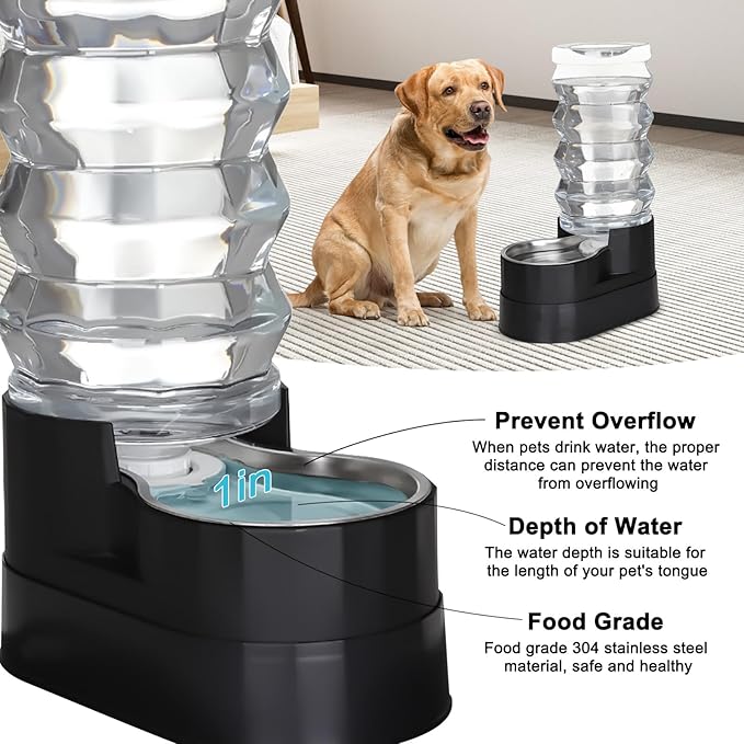RIZZARI Upgraded Automatic Dog Water Dispenser: 9L Black Gravity Large Stainless Steel Raised Pet Feeder with Filter - Includes 2 Extra Filters & 2 Bottle Caps - Pet Feeder for Dogs Indoor Outdoor