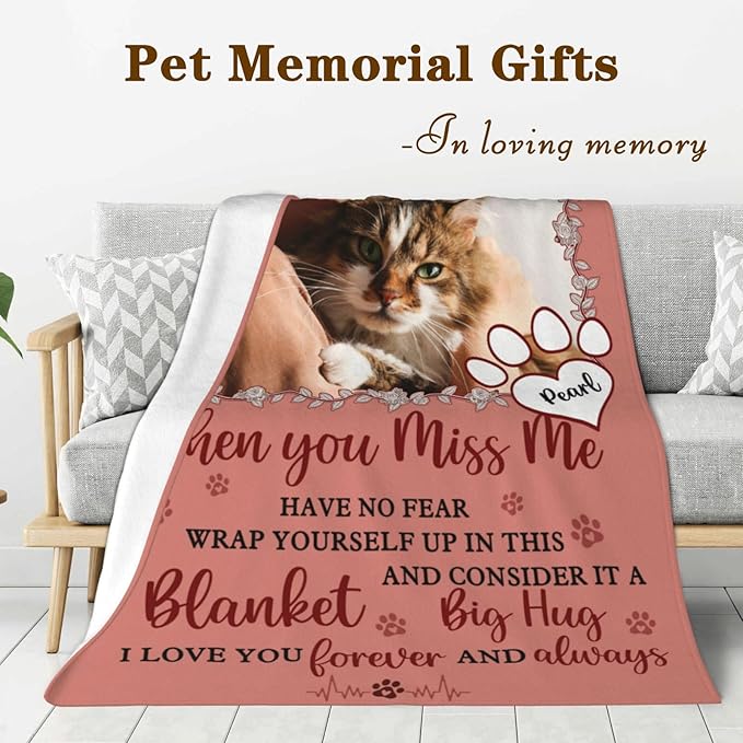 Custom Pet Memorial Blanket with Photo,Personalized Dog/Cat Loss Sympathy Gift,Pet Loss Bereavement Remembrance Gifts,Flannel Throw Blanket with Pictures (Dark Pink)