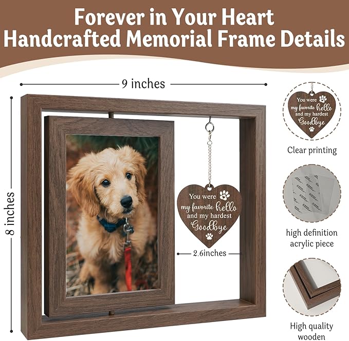 Dog Memorial Gifts for Loss of Dogs, Rotating Wooden Dog Memorial Frame for 4x6 Photo, Pet Loss Sympathy Remember Gift for Dogs and Cats