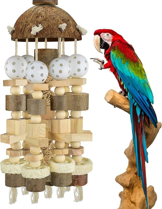 KATUMO Bird Toy, Large Parrot Natural Wooden Blocks Chewing Toy Suits for African Grey Cockatoos Amazon Parrots Large Medium Birds