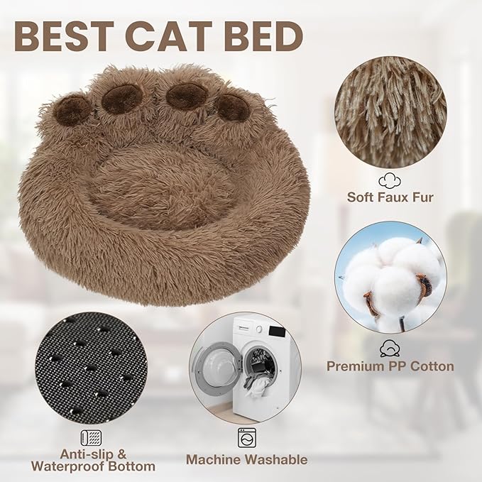 Calming Dog Bed Cat Bed Medium Size Dog - Donut Washable Medium Pet Bed, Warm Kitten Nest 24 inches Anti-Slip Round Fluffy Plush Faux Fur Cat Bed, Fits up to 25 lbs Pets, (Classic Camel)