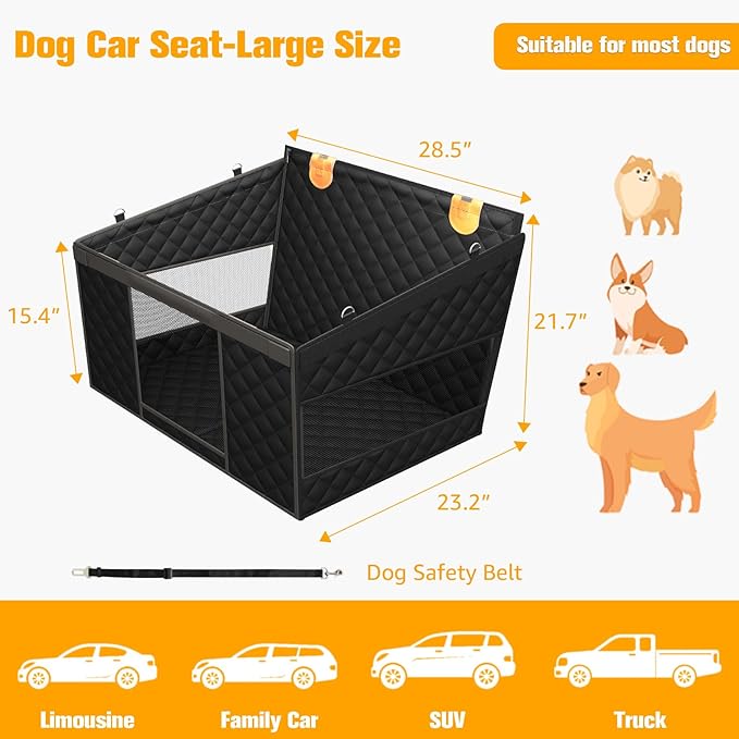 PETICON Large Dog Car Seat, Back Seat Extender for Dogs with 3 Mesh Windows, Waterproof Medium Carseat for Dogs with Hard Bottom, Pet Seat Cover for Cars, Trucks and SUVs (Black)