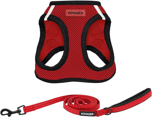 Voyager Step-in Air All Weather Mesh Harness and Reflective Dog 5 ft Leash Combo with Neoprene Handle, for Small, Medium and Large Breed Puppies by Best Pet Supplies - Red/Black Trim, Medium
