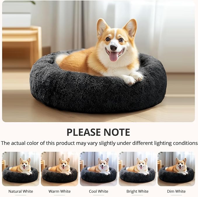 JOLLYVOGUE Medium Calming Dog Bed, Anti-Anxiety Donut Cuddler Cat Bed with Anti-Slip Bottom, Fluffy Faux Fur Machine Washable Pet Cushion for Medium Large Dog & Cat (31")
