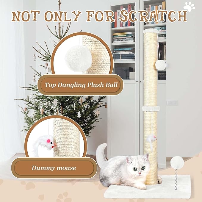ANWA 32" Tall Cat Scratching Posts for Indoor Cats, 3-in-1 Cat Scratching Post with Plush Toys, Premium Sisal Post for Cats at All Ages with Reinforced Stable Base, Cream White