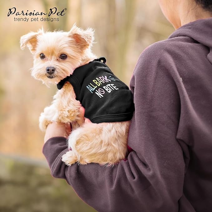 Parisian Pet Dog T-Shirt - Embroidered ' All Bark No Bite ' 100% Cotton, Doggy Clothes - Sleeveless Pet Vest - Machine Washable Shirt for Large Dogs - 3XL