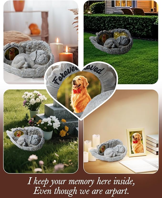 Dog Memorial Gift, Angel Memorial Dog Statue with Photo Frame, Forever My Guardian Angel Garden Solar Light Dogs for Pet Memorial Stone