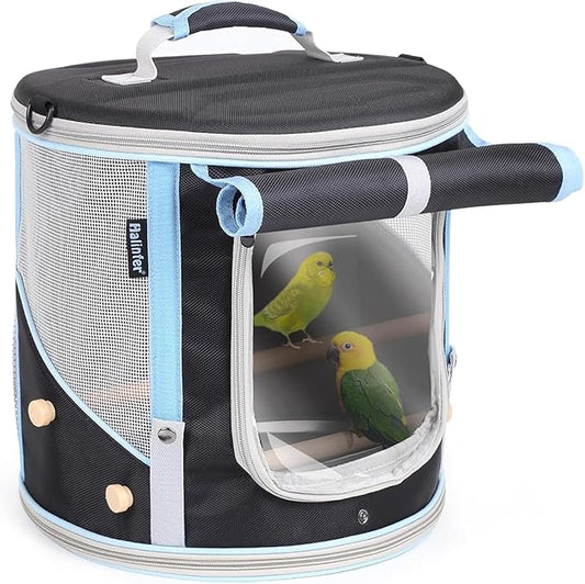 halinfer Small to Medium Bird Travel Carrier Cage, Portable Parrot Parakeet Cockatile Conure Transport Cage with Clear Window and Fabric Shade, Round Carry Bird Bag