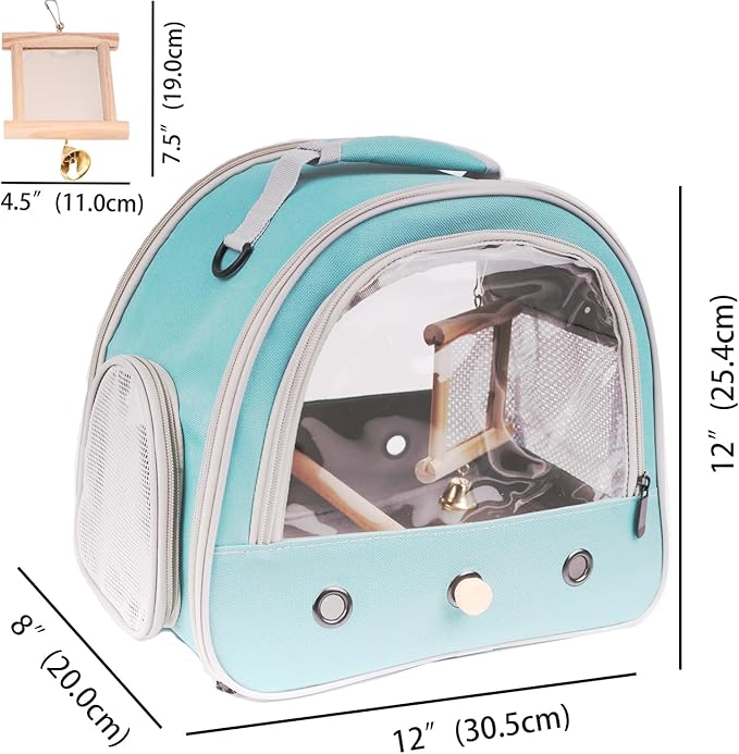 Parrot Travel Cage with Bird Cage Bells Mirror Set,Portable Small Bird Parakeet Bag with Standing Perch and Comfy Mat Bird Carry Transport Bag with Clear Window Vet Visit Shopping