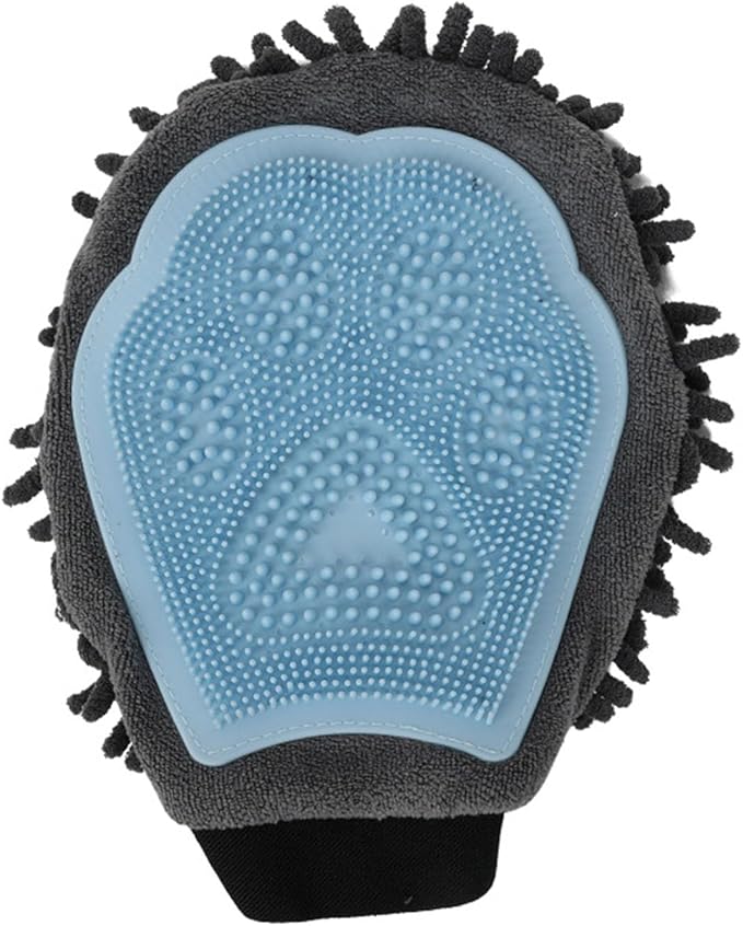 Dual Sided Pet Grooming Glove with Rubber Paw - 2-in-1 Grooming Glove | Fun Dogs & Cats Grooming Tool for Brushing, Massaging, and Scrubbing | Chenille Fabric Side Acts as Pet Bathing(Blue)