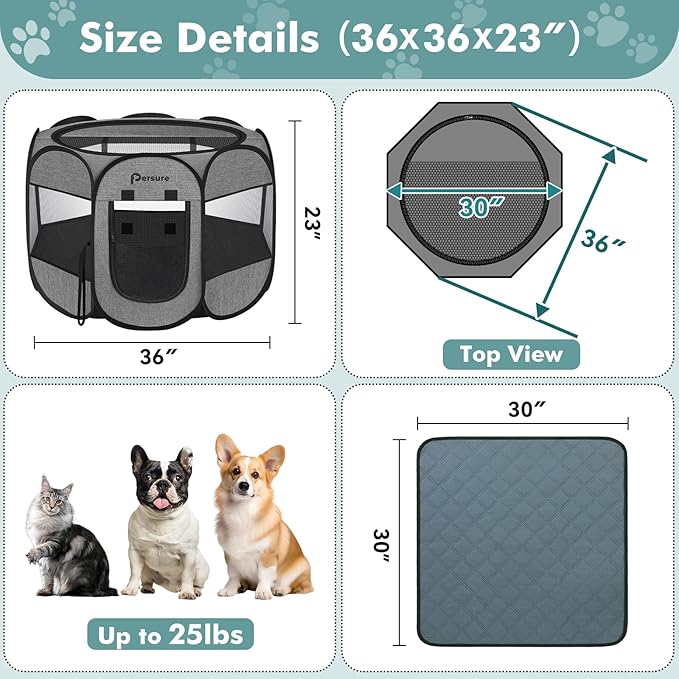 Dog Cat Playpen Indoor Outdoor for Puppy Pet Dogs Cat Recovery After Surgery, Dog Tent Crates Cage Indoor/Outdoor, Portable Pop Up Kennel with Carrying Case for Travel (Premium Grey with Pad, Medium)