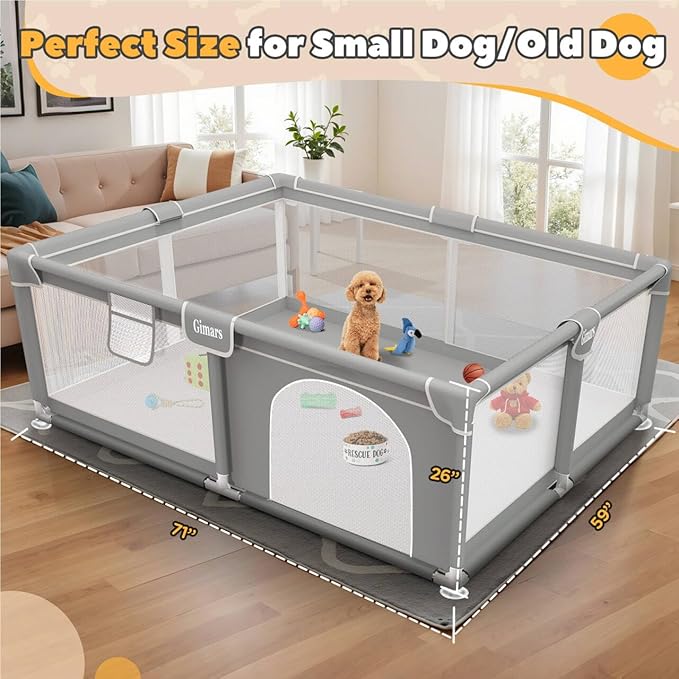 71x59x26 Inches Puppy Playpen with Gate, Dog Playpen for Puppies or Small Dogs, Sturdy Safety Dog Fence Pet Playpen with Thickened Fabric, High-Strength Nylon Wire Mesh for Indoor & Outdoor,Washable