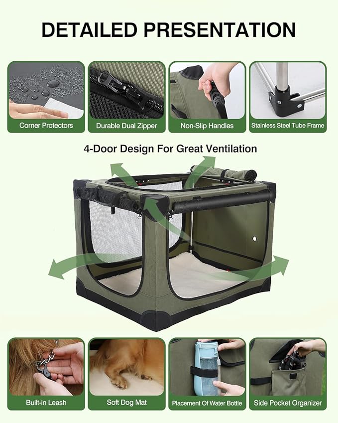 30 Inch Collapsible Travel Dog Crate for Medium Large Dogs, Portable Dog Crate 4-Door Foldable Soft Kennel with Durable Mesh Windows for Indoor & Outdoor Travel, with Storage Bag,Green