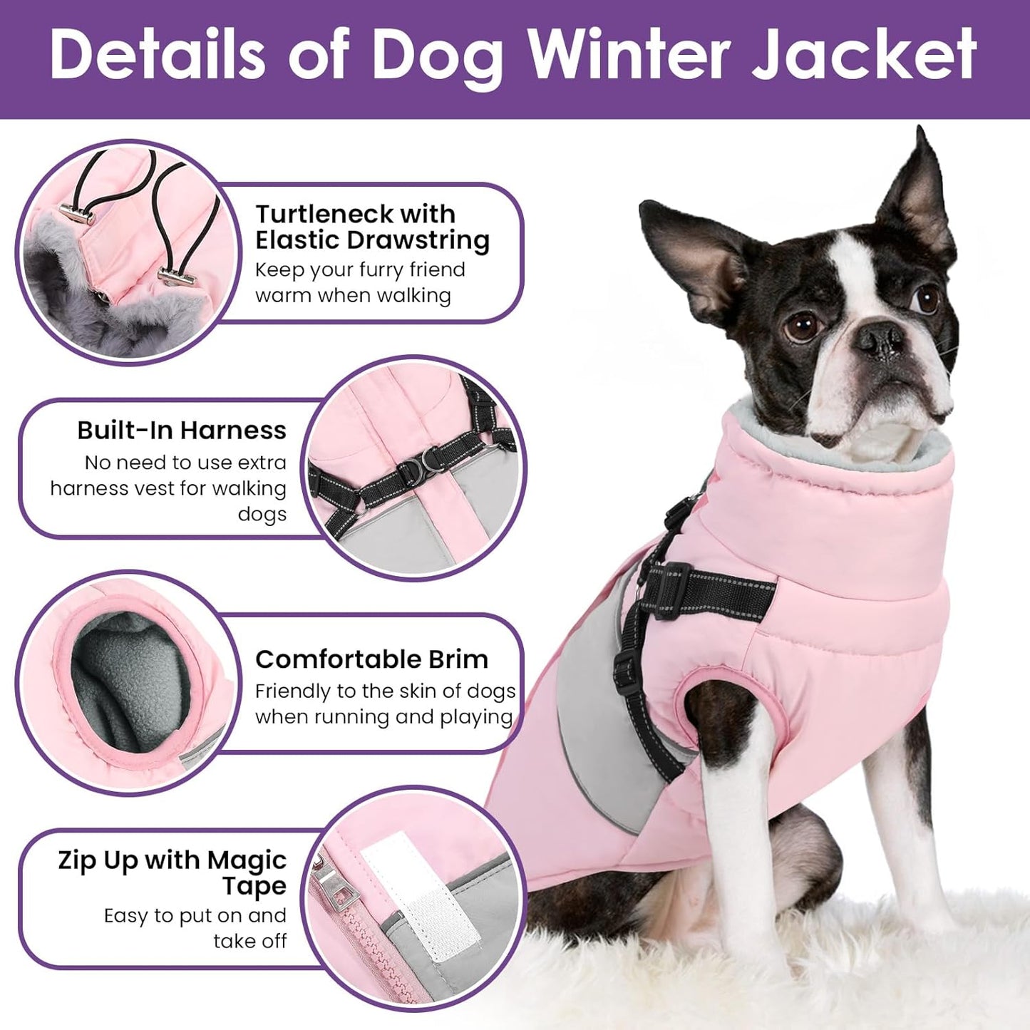 SUNFURA Dog Coat, XXL Dog Jacket Winter with Harness Built in, Waterproof Pet Snow Jacket with Furry Collar for Chilly Day, Reflective Fleece Snowsuit for Extra Large Dogs, Pink 2XL