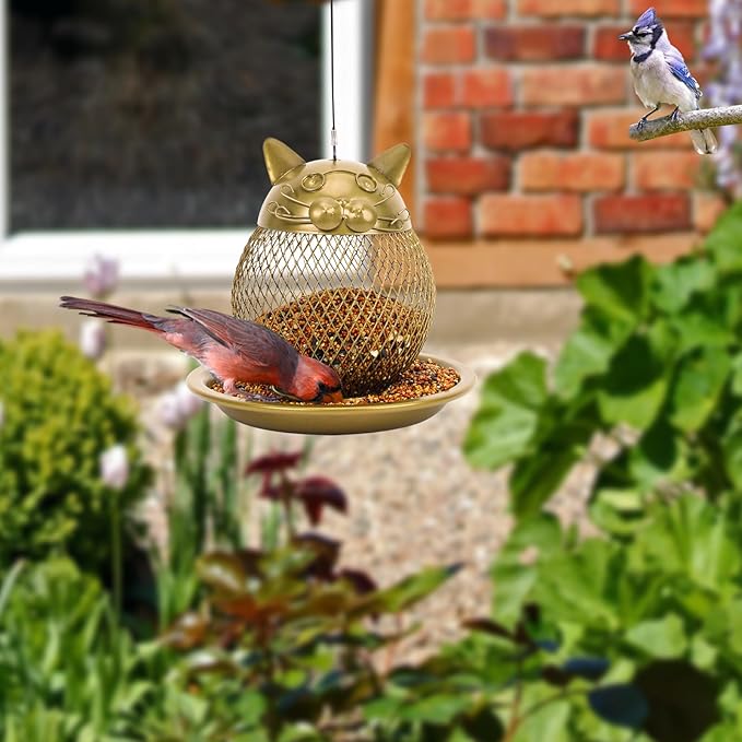 Cat Shaped Bird Feeder for Garden & Patio - Heavy Duty Steel Construction, Squirrel Resistant & Easy to Clean, Weatherproof Outdoor Decor for Bird Watchers (Gift Ready)