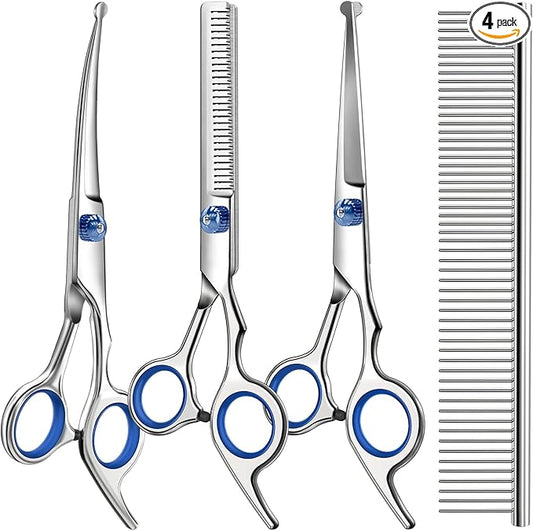 Professional 4 in 1 Dog & Cat Grooming Scissors Kit with Safety Round Tips,Sharp & Durable,Dog Shears for Grooming - Includes Straight, Curved, Thinning Scissors and Comb - Premium Pet Supplies