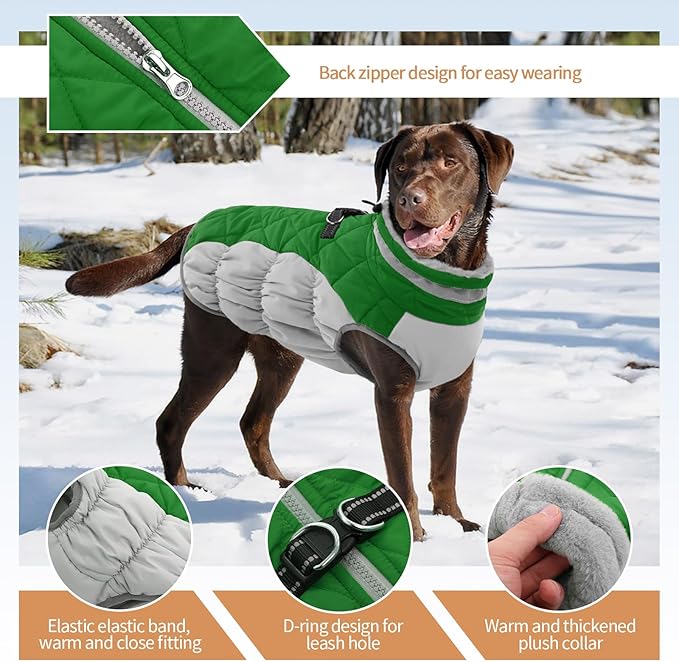 Dog Jackets for Medium Dogs,Medium Dog Coat,Warm Pet Winter Coat Zip Up Back,Waterproof Dogs Jacket with D-Ring,Pet Cold Weather Coats with Fleece Lined, Snowsuit Pug Boston Terrier,Green,M