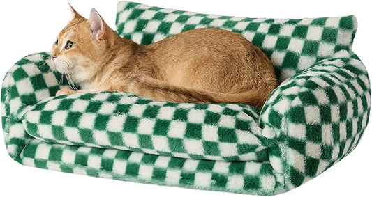 Hollypet Cat Bed Fluffy Plush Mutifuctional Double-Layer Soft Pet Couch Orthopedic Sofa Nest Beds for Small Cats and Dogs, Forest Green and White (21x15x8 inch)