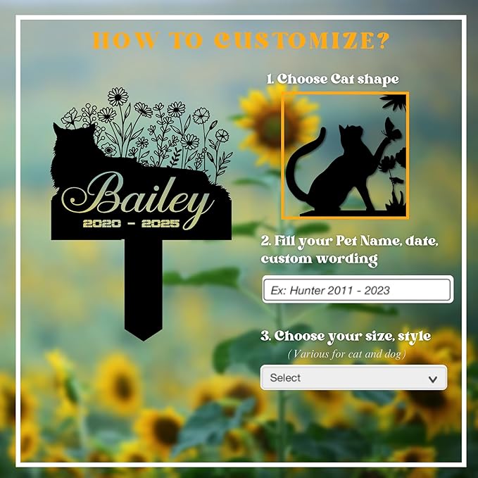 Cat Headstone and Grave Marker – Personalized Outdoor Grave Marker for Pets with Custom Name and Year, Durable Metal Cat Tombstone for Garden Tribute