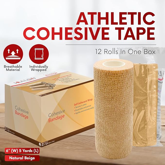 HEALQU Self Adhesive Bandage Wrap – Cohesive Tape for Athletic & Sports - 6” x 5 Yards Self Adherent Medical Tape, Flexible, Waterproof Elastic Bandages for Wrist & Ankle Vet Wrap for Dogs (12 Rolls)
