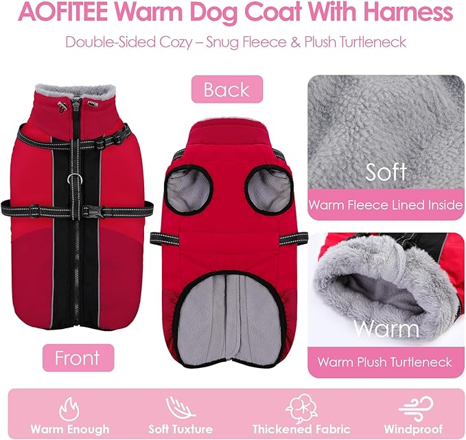 AOFITEE Dog Coats for Large Dogs, Waterproof Dog Winter Jacket with Harness Built in, Warm Large Dogs Coat with Fleece Lined, Zip Up Pets Jackets for Golden Retriever, Weimaraner, Red 2XL