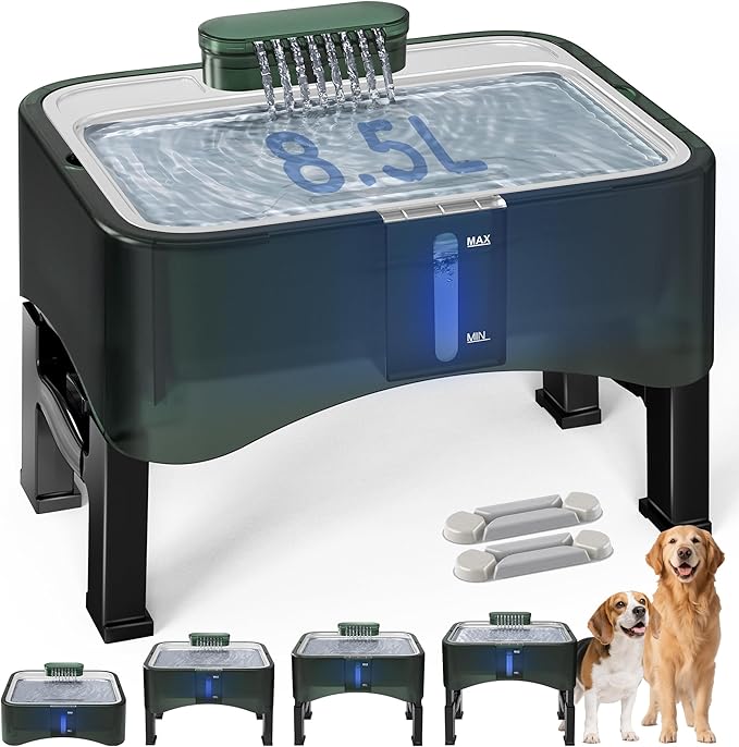 UPSKY 2.25Gal Elevated Dog Water Fountain, 4 Heights Adjustable Pet Fountain for All Dog Sizes, 304 Stainless Steel Tray Indoor Drinking Dispenser with Ultra-Quiet Pump & 4 Replacement Filters Green