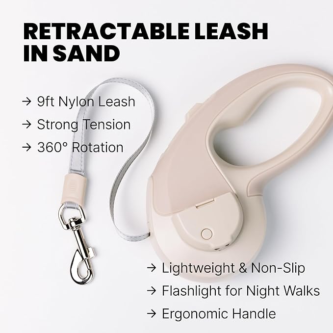 MalsiPree Walking Set with Retractable Dog Leash, Poop Bag Holder, Leak Proof 12 Oz Dog Water Bottle, Flashlight & 20 Poop Bags - 9.8ft Leash Retractable for Small to Medium Pet (Sand & Teal, 12 Oz)