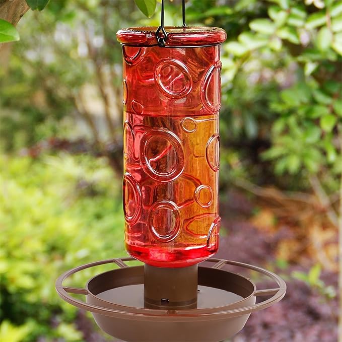 Juegoal Glass Wild Bird Waterer, 28 oz Wild Bird Feeder for Outdoors, Water Cooler with Metal Handle Hanging for Garden Tree Yard Outside Decoration, Red