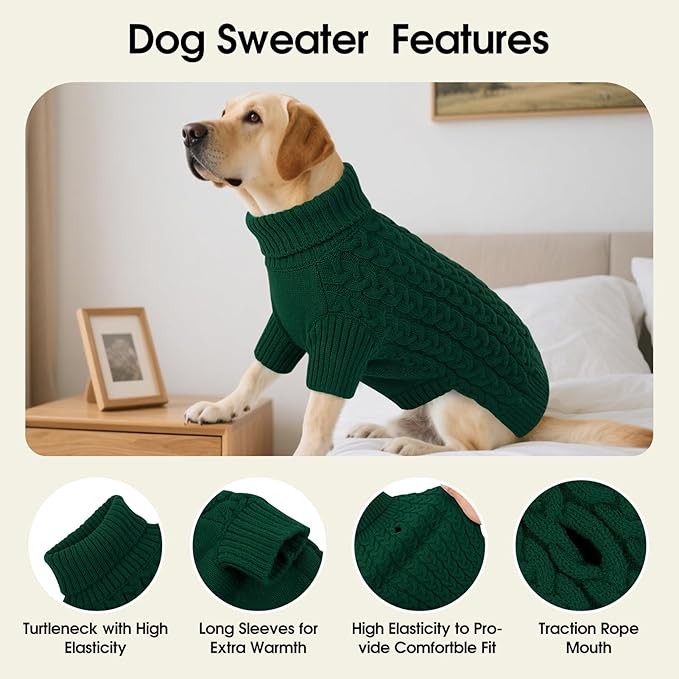 SAWMONG Dog Sweater, Dog Sweaters for Medium Dogs Girls Boys, Pullover Turtleneck Knitted Doggy Sweatshirt, Cold Weather Pet Clothes（Green, Medium