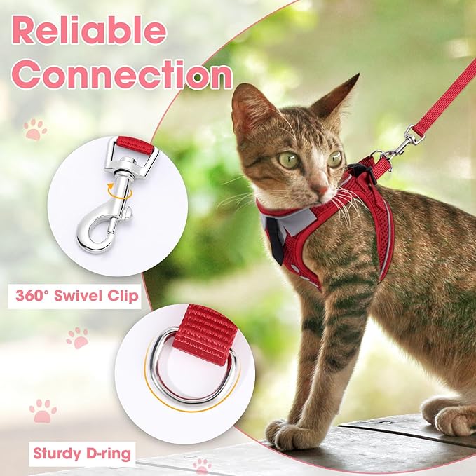 Cat Harness and Leash Set for Walking Escape Proof, Soft Adjustable Kitten Harness Breathable Mesh with Reflective Strips Harness for Kitty Puppy Bunny(Red,XS)