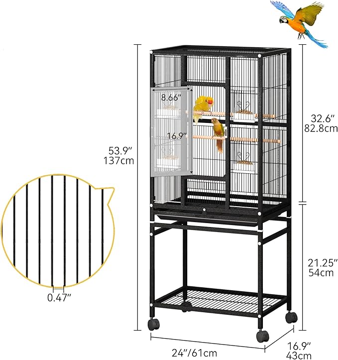 DWVO 53.9-Inch Metal Bird Cage: Large Parrot Cages with Seed Catcher & Cover - Rolling Stand with Brakes for Parakeets, Lovebirds, Cockatiels, Finches and Pigeons, Black