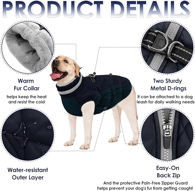 AOFITEE Dog Coat, Warm Dog Jacket, Reflective Winter Coats for Medium Dogs, Turtleneck Dogs Winter Jacket with Harness Built in, Waterproof Windproof Pet Fleece Vest Puffer Jacket, Navy M