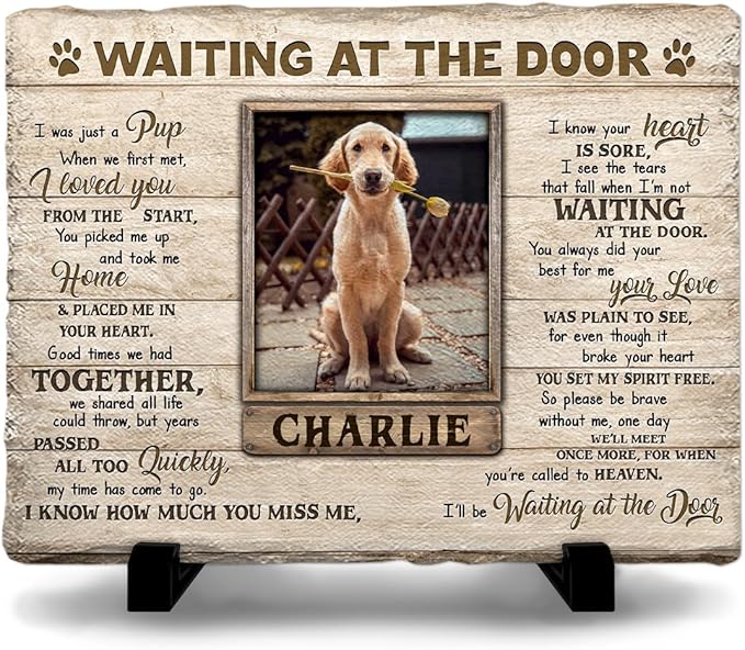 Personalized Dog Memorial Stone Plaque - Waiting at The Door, Sympathy Gift for Pet Lovers, Changing Colorful Background to Paint Loving Memory, Ideal Cat Mom Gifts