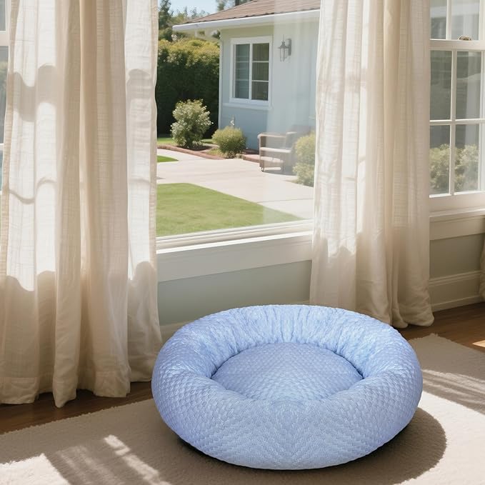 Small Donut Dog Bed - Cooling Calming Cuddler for Cats & Puppies, Anti-Anxiety Ice Fabric Round Pet Bed, Washable Comfort Dog Bed for Small Dogs, Egg Tart Design (S)
