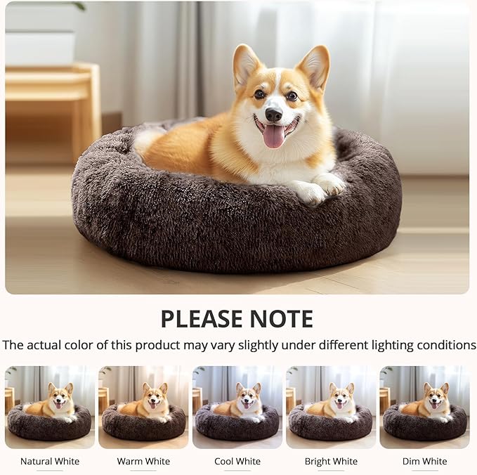 JOLLYVOGUE Calming Dog & Cat Bed for Small Dogs, Anti-Anxiety Donut Cuddler Cozy Soft Round Bed with Anti-Slip Bottom, Fluffy Faux Fur Plush Cushion Beds for Small Medium Pets (23")