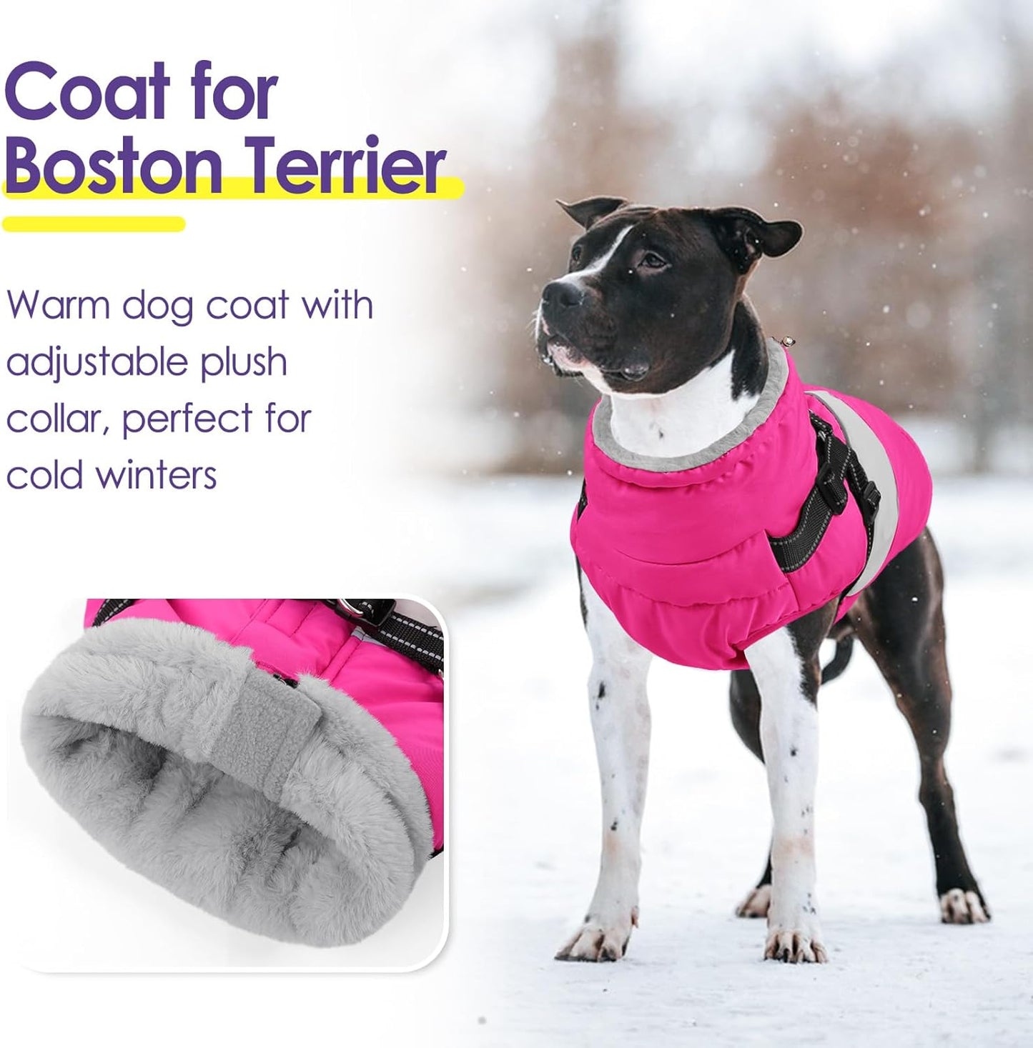 SUNFURA Dog Coat, XXXL Dog Jacket Winter with Harness Built in, Waterproof Pet Snow Jacket with Furry Collar for Chilly Day, Reflective Fleece Snowsuit for Extra Large Dogs, Hot Pink 3XL
