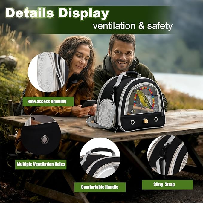 Portable Parrot Travel Cage Carrier with Small Swing Toy&Cage Colorful Toys Set Small Bird Parakeet Bag with Standing Perch Bird Carry Transport Bag (Black, Carreir/Swing)