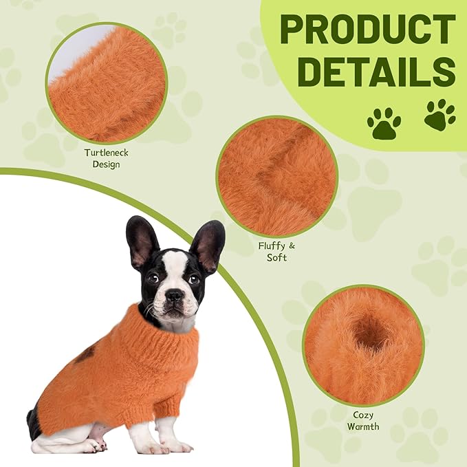 Small Dog Furry Pullover Sweater, Classic Turtleneck Dog Clothes for Cold Weather Cute Warm Pet Clothes for Chihuahua, Bulldog, Dachshund, Pug Orange Medium