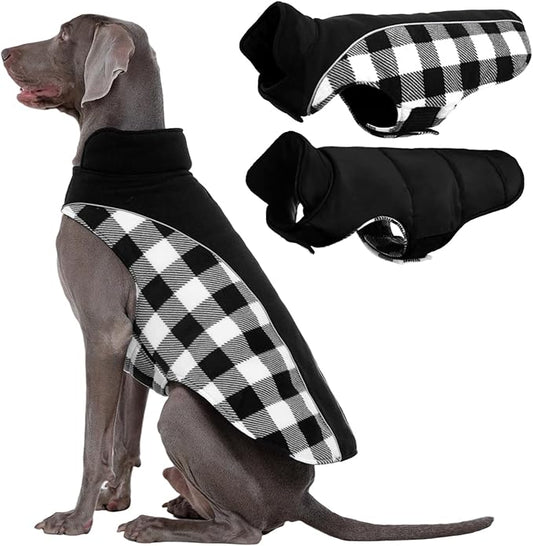 Kuoser Dog Winter Coat, Reversible Waterproof Dog Jacket with Leash Hole, Warm Dogs Fleece Vest Adjustable Doggy Cold Weather Clothes Plaid Christmas Outfit Pet Apparel for Extra Large Dogs, Black 3XL